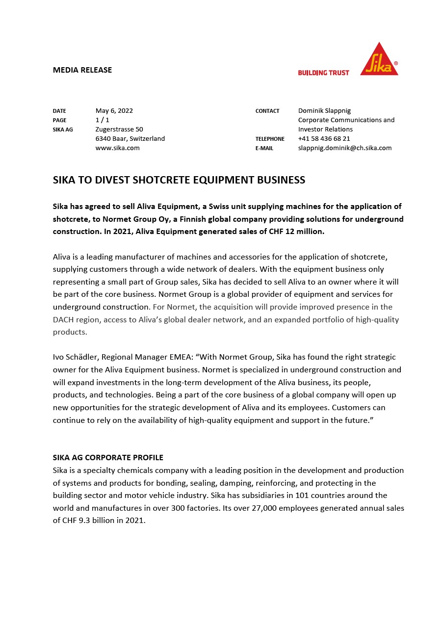 Sika to Divest Shotcrete Equipment Business - May 2022