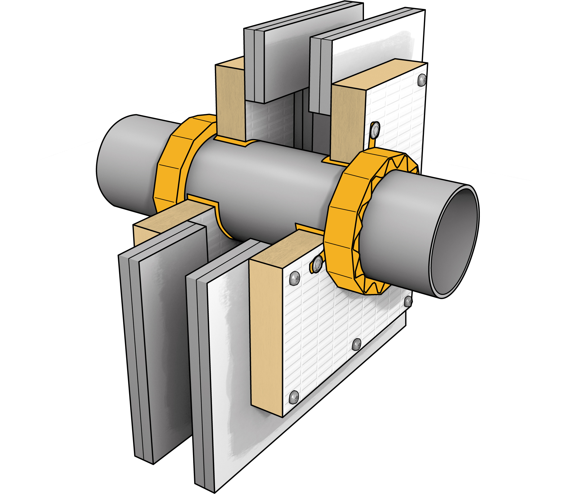 Illustration of passive fire protection collar, board and sealant at pipe penetration